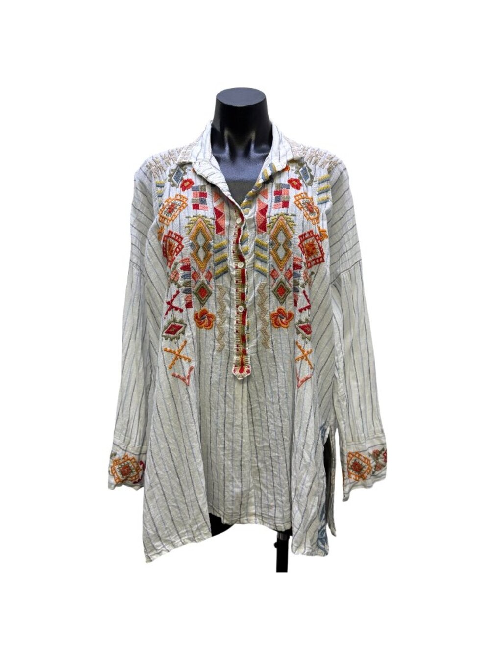 Johnny Was Pete & Greta Button-Up Blouse White Multi Linen-Cotton M